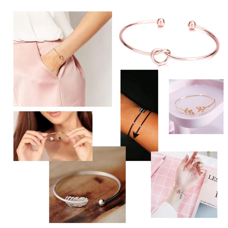 Softones 5pcs Bangle Rose Gold Bracelets for Women Heart|Olive Leaf|Arrow|Feather|Knot Heart Open Cuff Bracelet Set Adjustable - Image 2